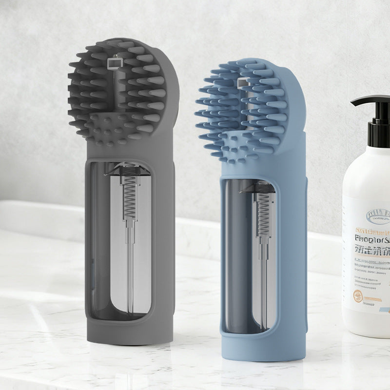 Two cleaning brushes with a bottle of cleaning solution on a white background