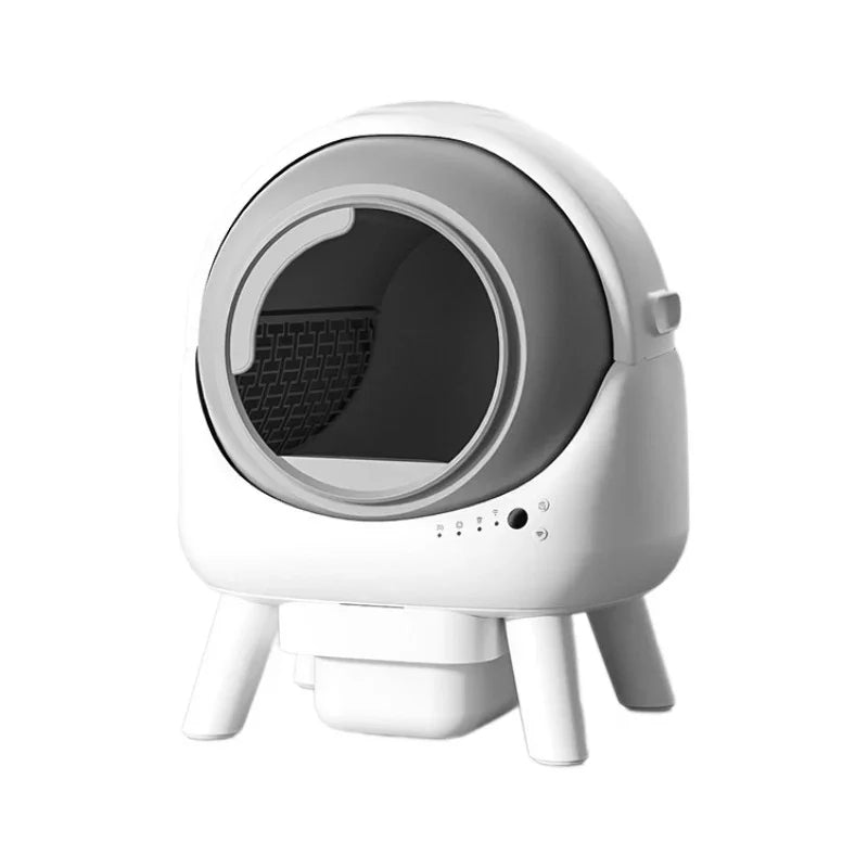 Modern automatic cat litter box with circular entry and digital controls on white background