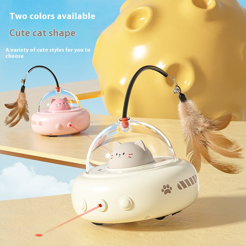 Cat-shaped toy with feather attachments on a wooden surface, with text indicating two color options and various styles.