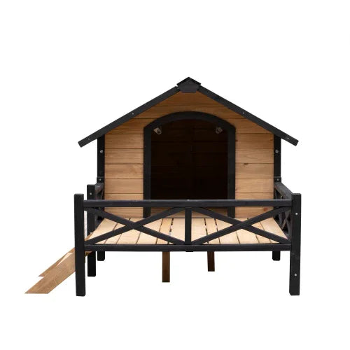Outdoor wooden dog house with black trim and fenced porch, pet shelter