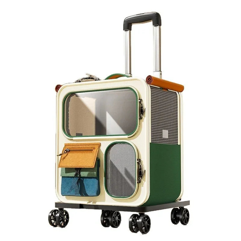 Rolling pet carrier with mesh windows, telescopic handle, and storage pockets for travel.