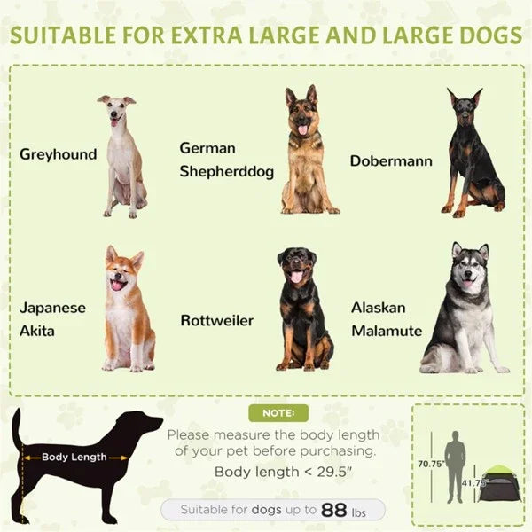 Dog breeds suitable for large pet supplies, including Greyhound, German Shepherd, Dobermann, Japanese Akita, Rottweiler, Alaskan Malamute, with dog size details and measurement guide.