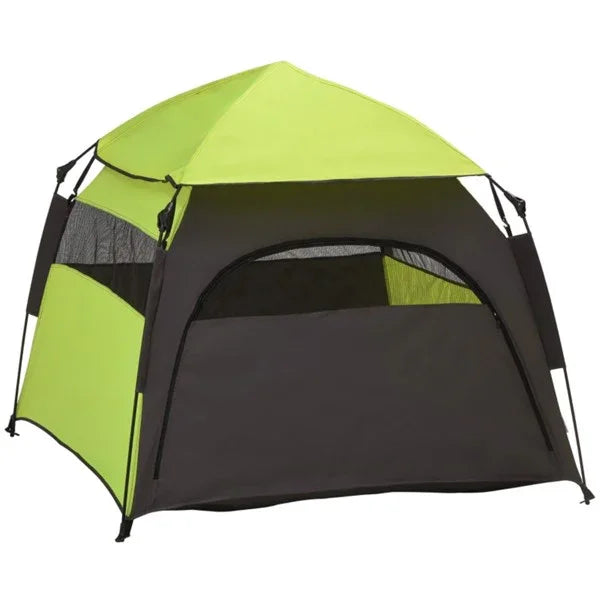 Portable green and black pet tent with mesh windows for indoor or outdoor use