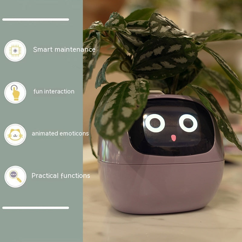 Smart device with a face on a plant pot, featuring text labels for 'Smart maintenance', 'fun interaction', 'animated emoticons', and 'Practical functions'.