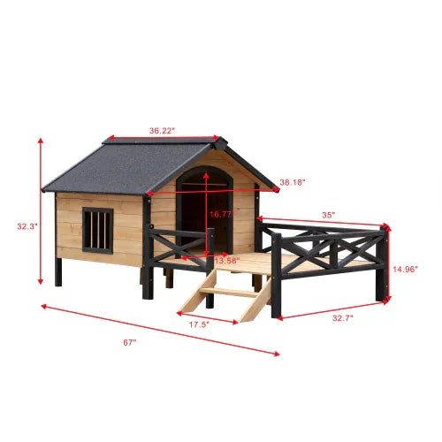Wooden outdoor dog house with fenced patio, stairs, and measurements in red arrows.