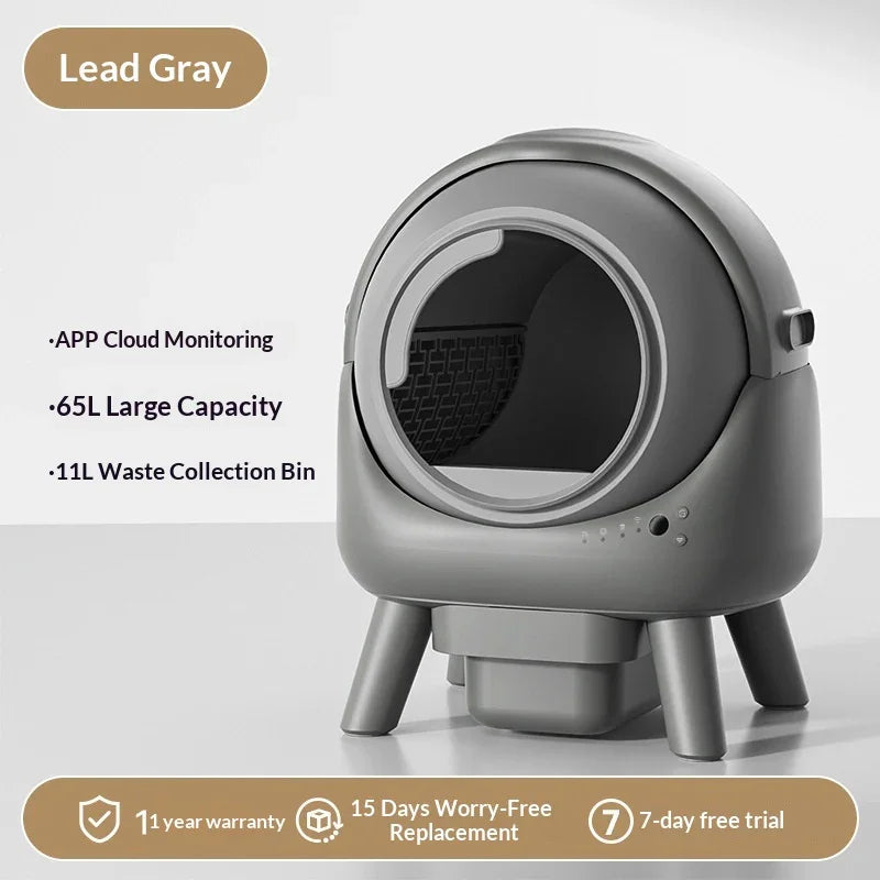 Lead gray smart self-cleaning cat litter box with app monitoring, large capacity, waste bin