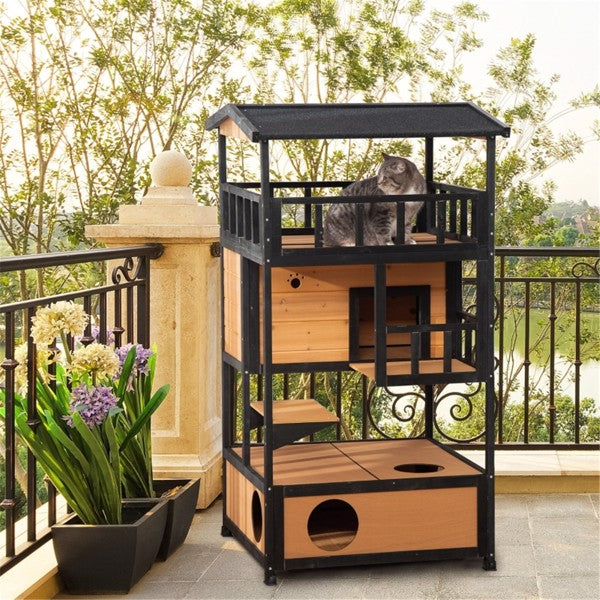 Cat tree with multiple levels on a balcony with plants and a view of trees and water.
