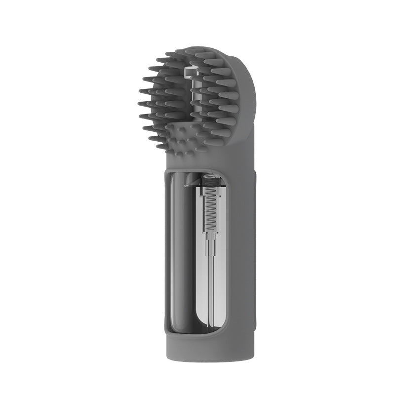 Gray handheld vegetable peeler with textured head on a white background