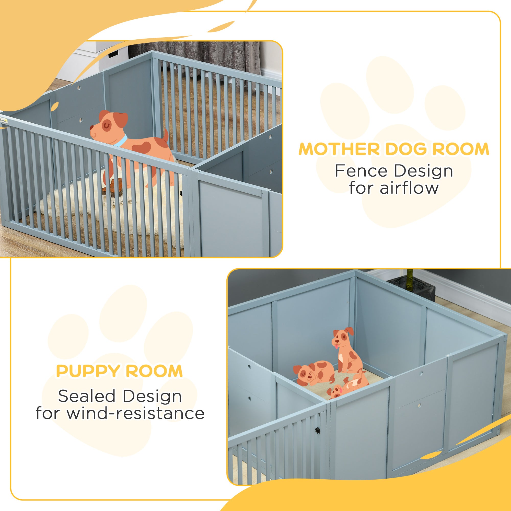 Pet playpen with puppies shown indoors.