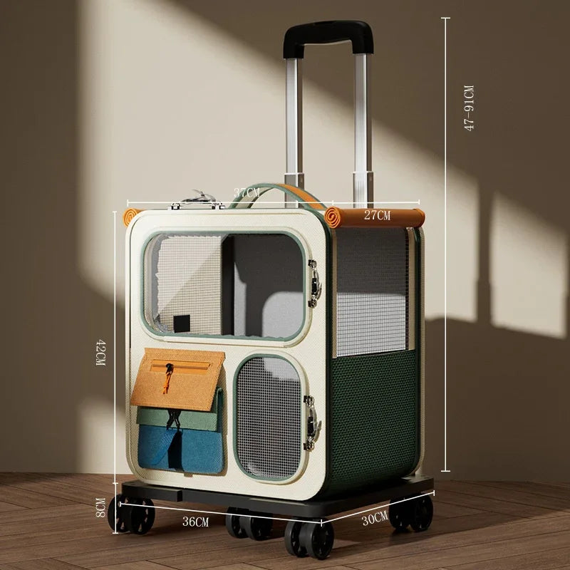 Rolling pet carrier with mesh windows, telescopic handle, and storage pockets, dimensions shown.