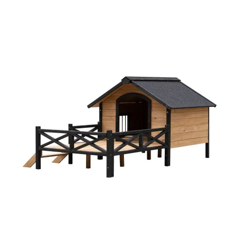 Outdoor wooden pet house with fenced porch, ramp, and black roof for dogs or cats