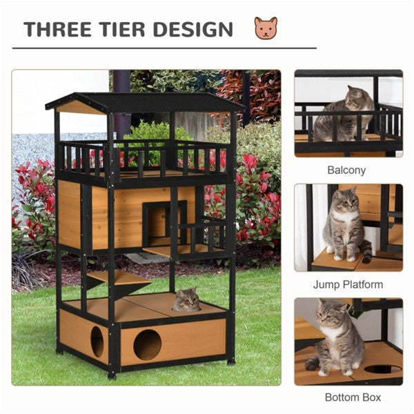 Three-tiered cat play structure with balcony, jump platform, and bottom box, featuring a cat on each level.