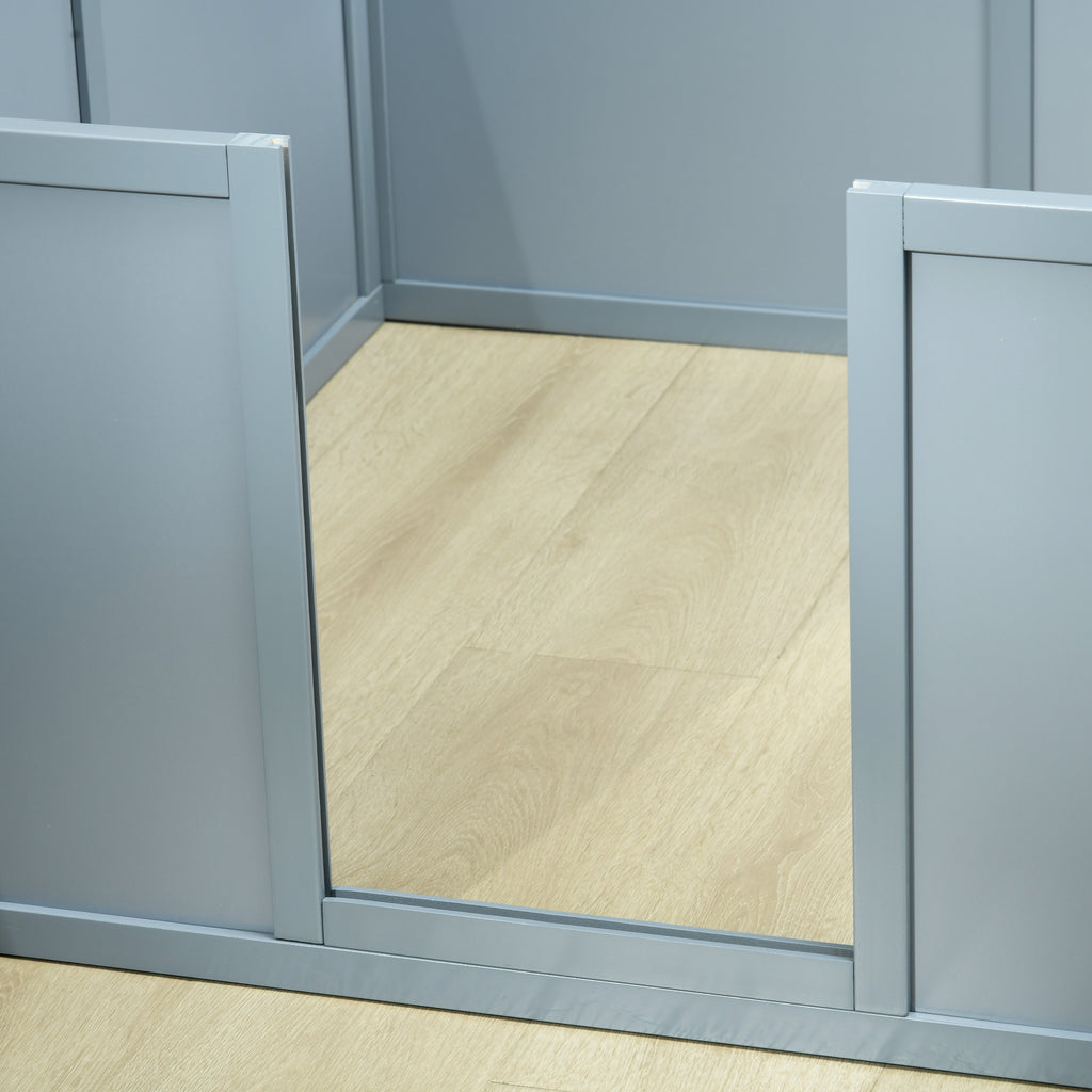 Gray cabinets with a wooden floor and wall in the background