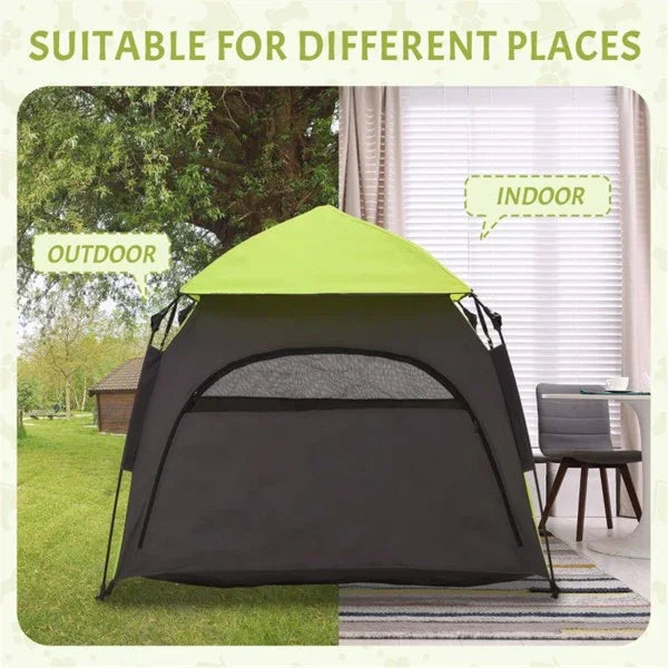 Portable pet tent for dogs and cats shown in outdoor yard and indoor room settings