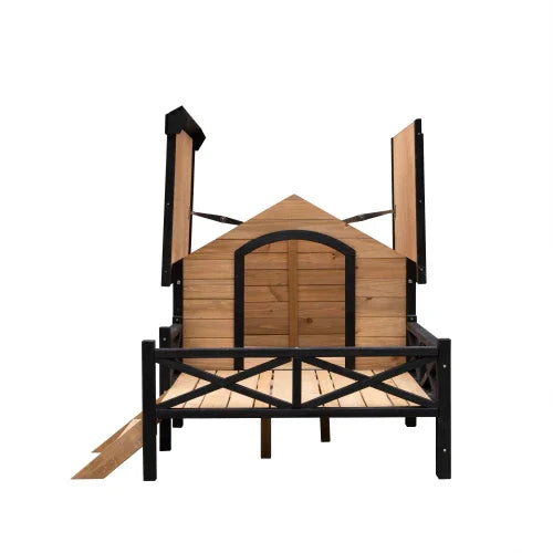 Wooden outdoor pet house with open roof and raised platform for dogs or cats