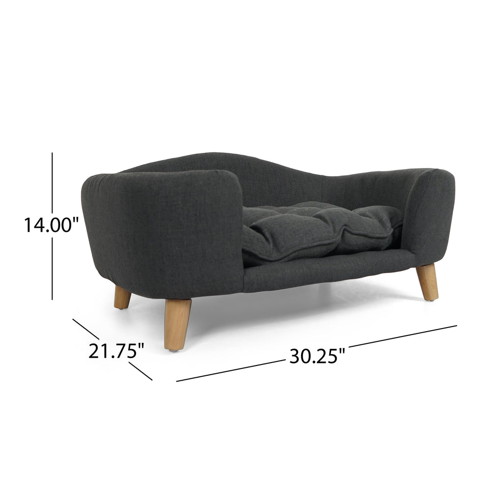 Dark gray sofa with wooden legs and dimensions labeled on a white background