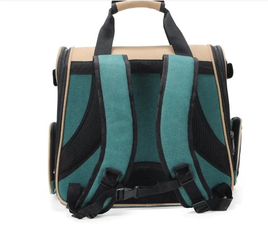 Green and beige pet carrier backpack with padded straps and mesh side pockets for dogs or cats