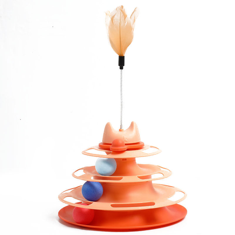 Colorful cat toy with multiple levels and a dangling item on a white background