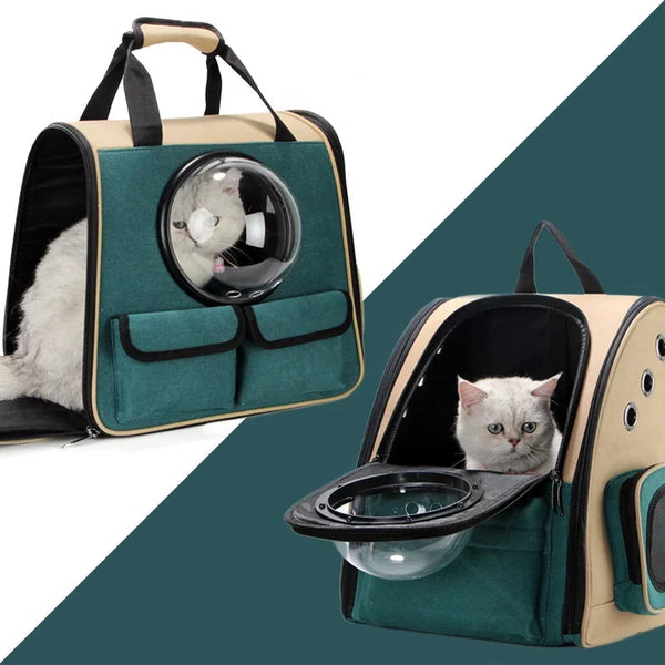 Cat inside breathable pet carrier backpack with transparent bubble window and green pockets