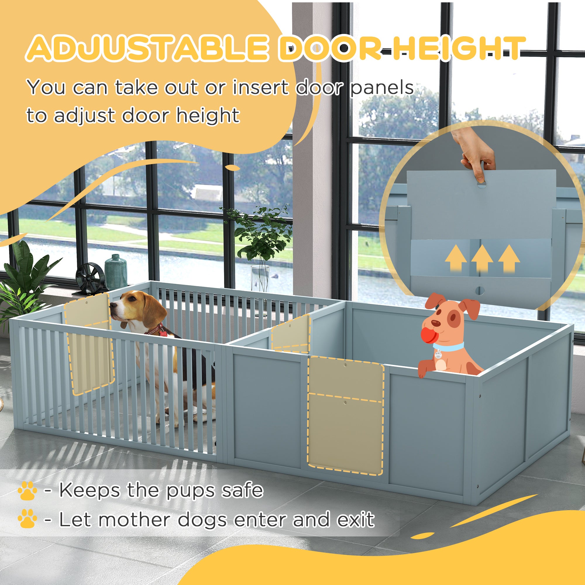 Pet playpen with adjustable door height feature, shown indoors.