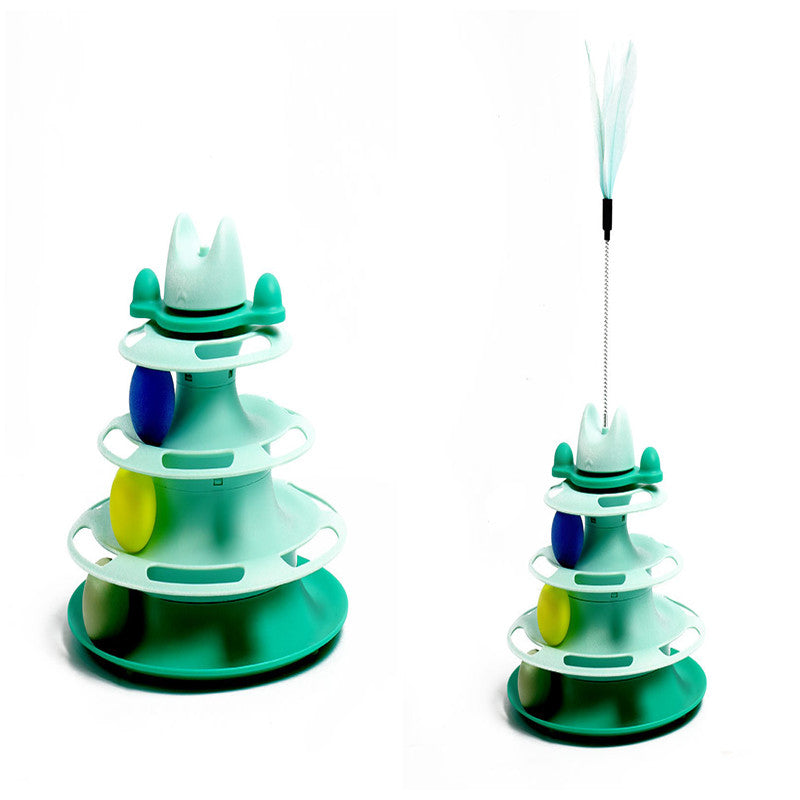 Two green and white cat toys with feather on a white background