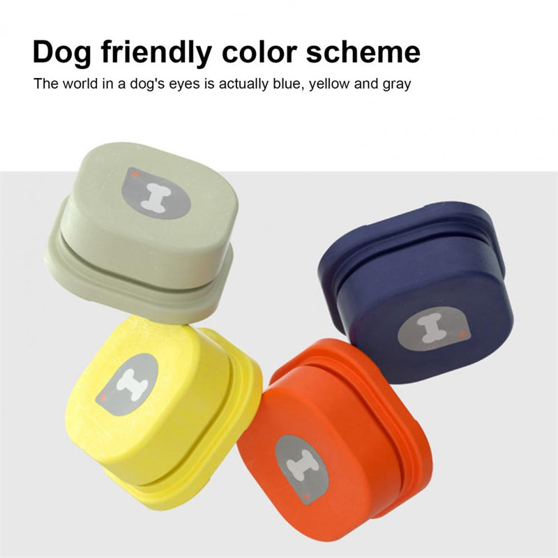 Four colorful pet bowls with a dog icon on a white background, labeled 'Dog friendly color scheme'.
