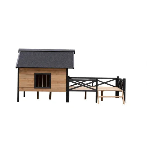Wooden outdoor pet house with fenced run, raised design and black roof for small animals
