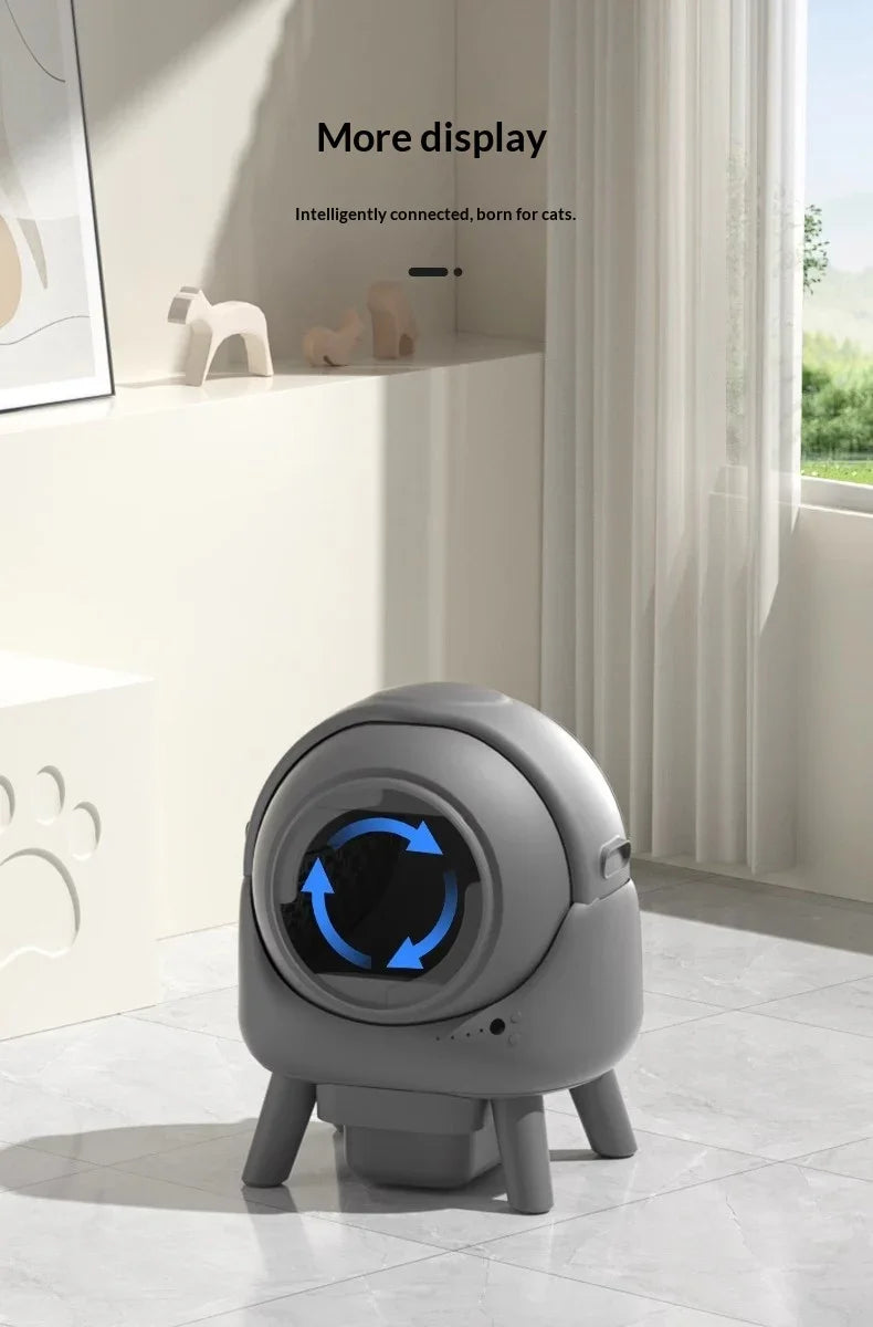 Automatic smart cat litter box in modern living room with sunlight and pet decor