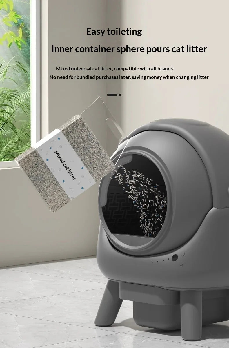 Modern automatic cat litter box with mixed cat litter being poured inside, in a bright room