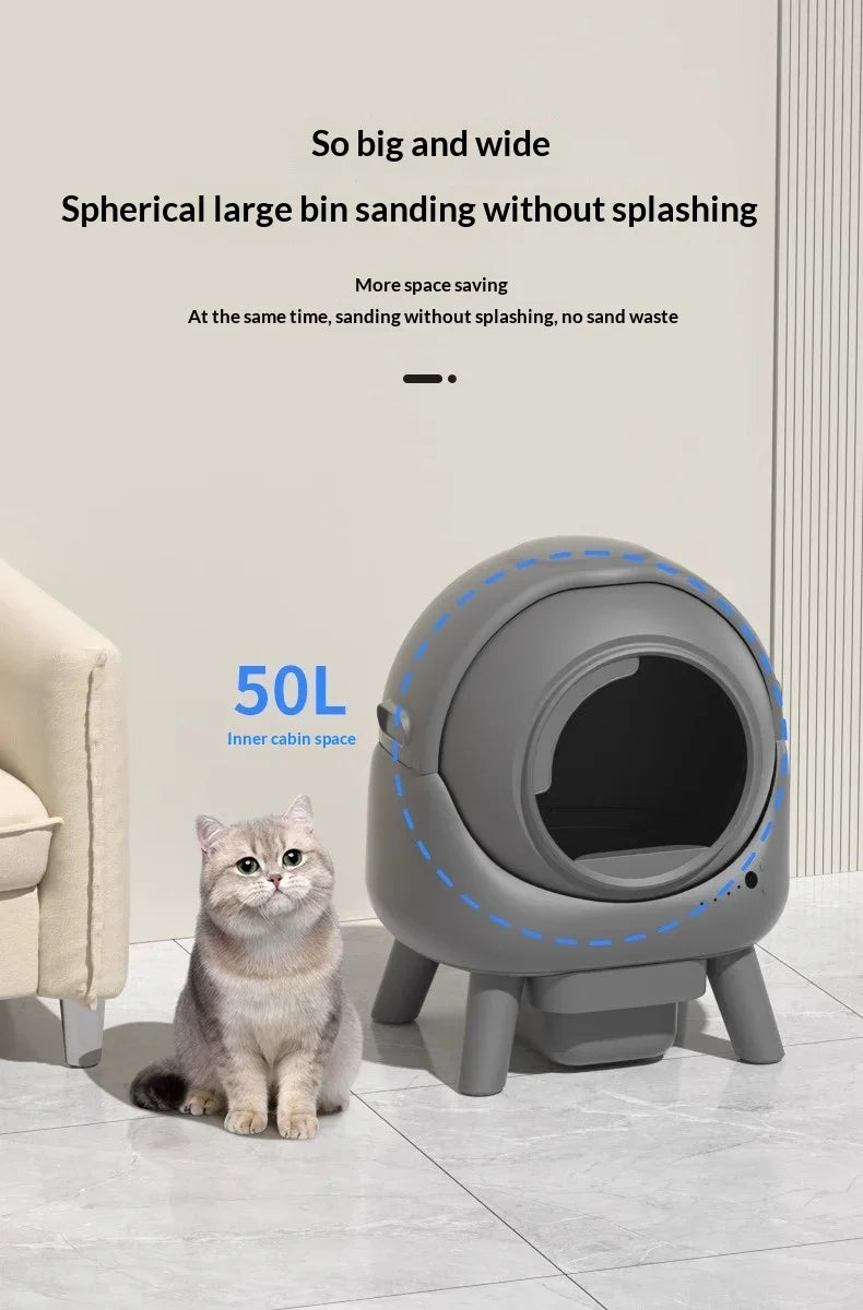 Gray cat sitting beside a modern spherical cat litter box with 50L inner space in a living room.